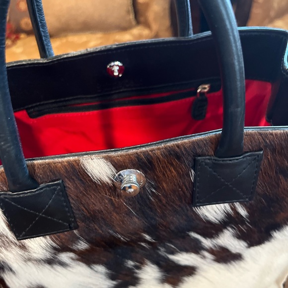 Brown and White Cow Hide Leather Tote with Bold Red Interior - Picture 2 of 3